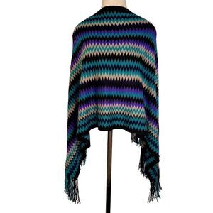 Charming Charlie Womens Colorful Zig Zag Chevron Poncho Sweater Boho Fringe Trim